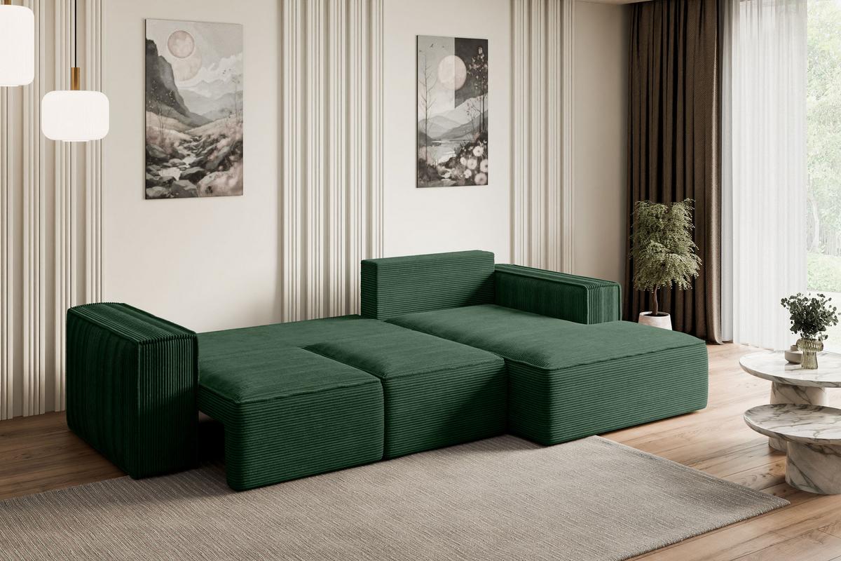 ECKSOFA mit Schlaffunktion und Bettkasten SERRA-L-S - 266x161x87 cm Grün Cord - Schwarz/Grün, Holzwerkstoff/Kunststoff (266/161cm) - ALTDECOR