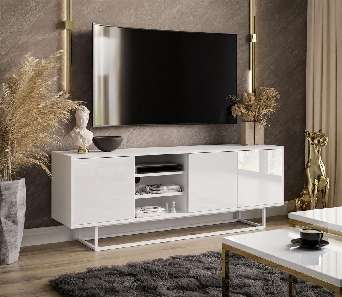 TV-ELEMENT SANAYI auf weißem Gestell mit Regalen Hochglanz Weiß - Weiß Hochglanz/Weiß, Holzwerkstoff (156/57/38cm) - Lookway