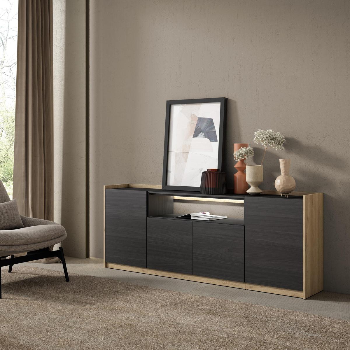 SIDEBOARD, Schwarz und Eiche, 207/37/80cm, mit Led - Schwarz, Holzwerkstoff (207/80/37cm) - Skraut Home