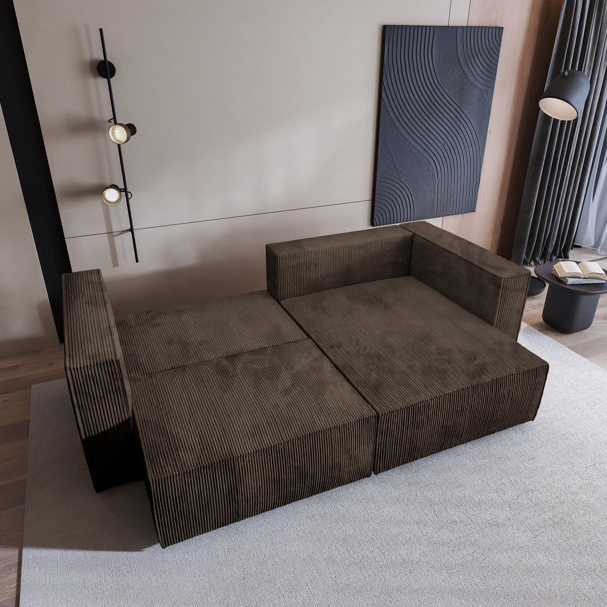 ECKSOFA NERIO P Braun Kordstoff mit Schlaffunktion - Braun/Grau, Holz/Kunststoff (245/148cm) - MASSENO