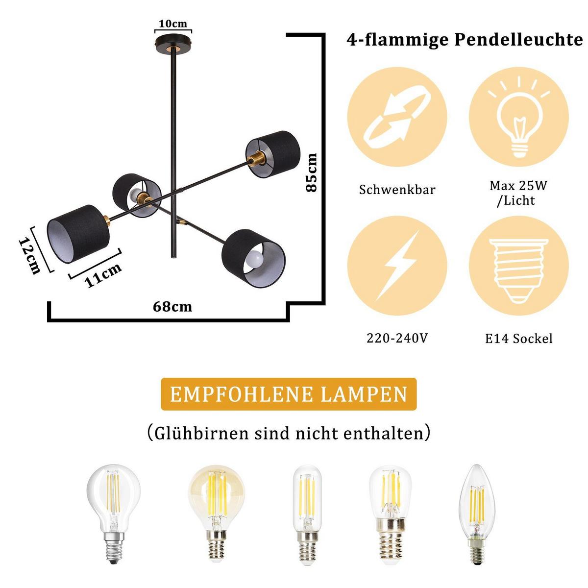 PENDELLEUCHTE Reiner 4-flammig 68/68/85 cm - Schwarz, Metall (68/68/85cm) - Nettlife