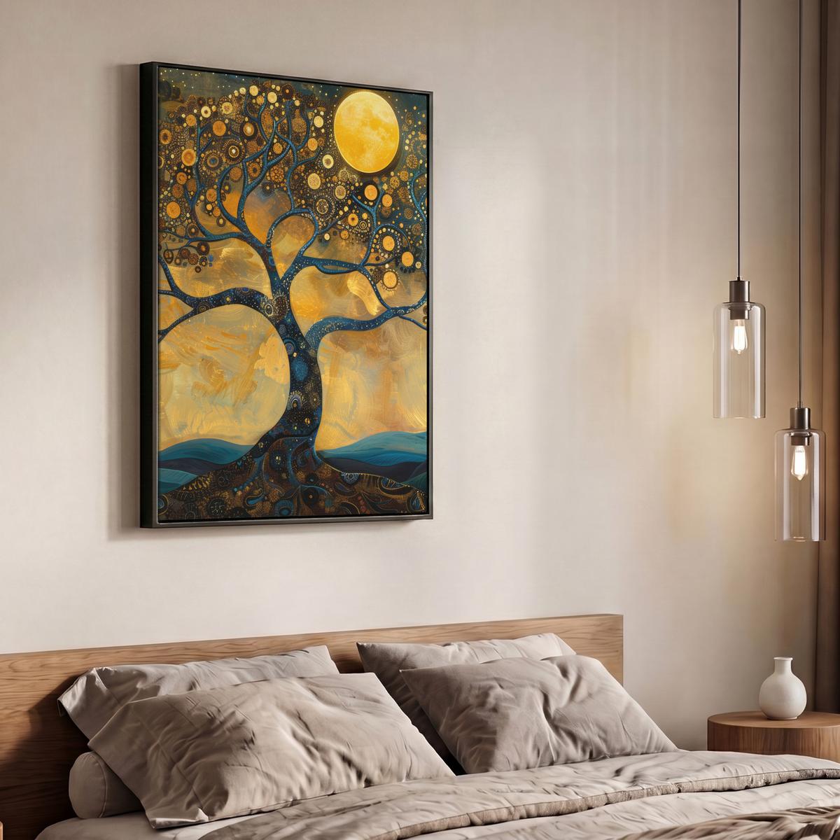 LEINWAND Bilder mit Rahmen - Baum - Mond - Blumen - Gold - Kunst - 70x100 - Orange, Textil (70/100cm) - MuchoWow