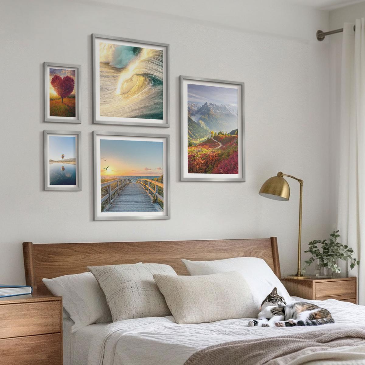 BILDER SET 5er Set - 50x50 cm & 20x30 cm & 40x60 cm Silberner Rahmen - Landschaften Berge Wellen Baum Herz Pier - Silberfarben, Kunststoff (40/60cm) - TULUP