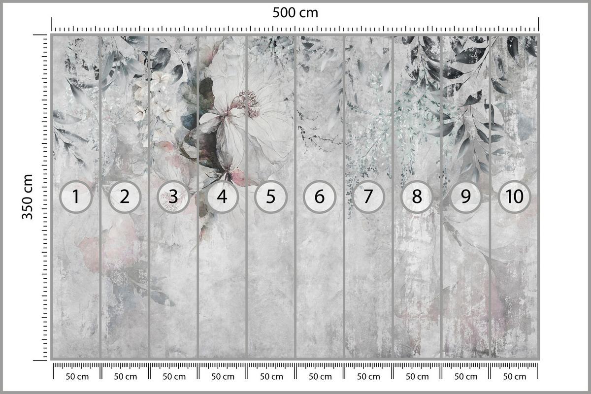 FOTOTAPETE für Büro Zarte Blätter Grau Betonwand Blumen Natur 500x350 - Grau, Papier (500/350cm) - Muralo