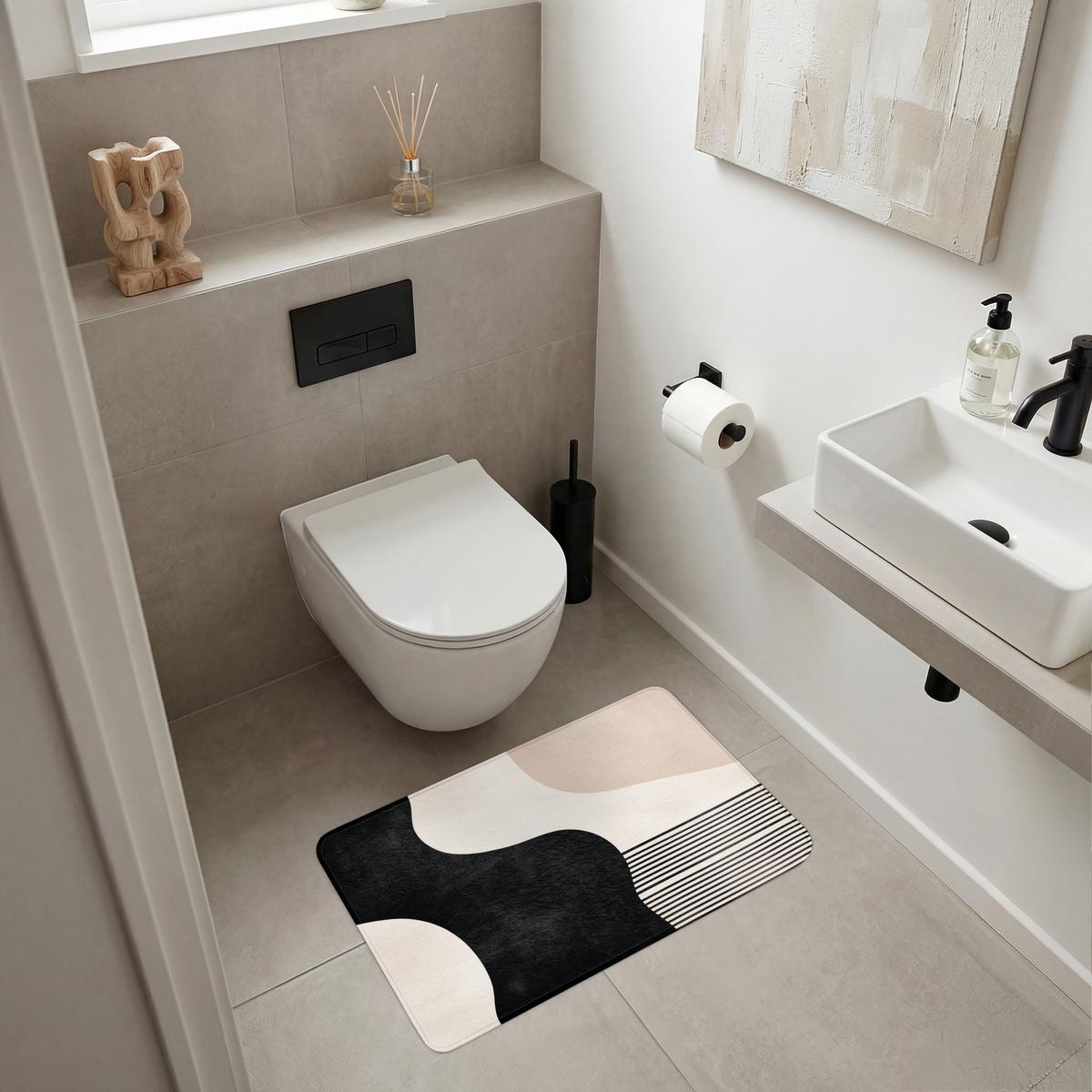 BADEMATTE Abstrakt - Japandi - Beige - Modern 80x50 cm - Beige/Schwarz, Textil (80/50cm) - OnlyWow