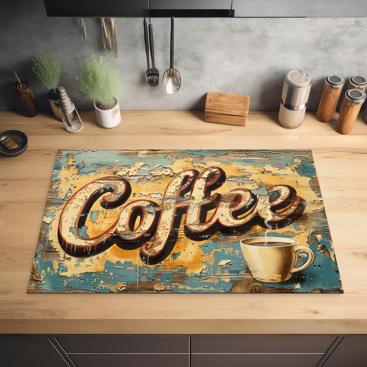 HERDABDECKPLATTE Kaffee - Vintage - Braun - Tasse Induktionsmatte 81x52 cm - Teakfarben, Kunststoff (81/52/0.2cm) - MuchoWow