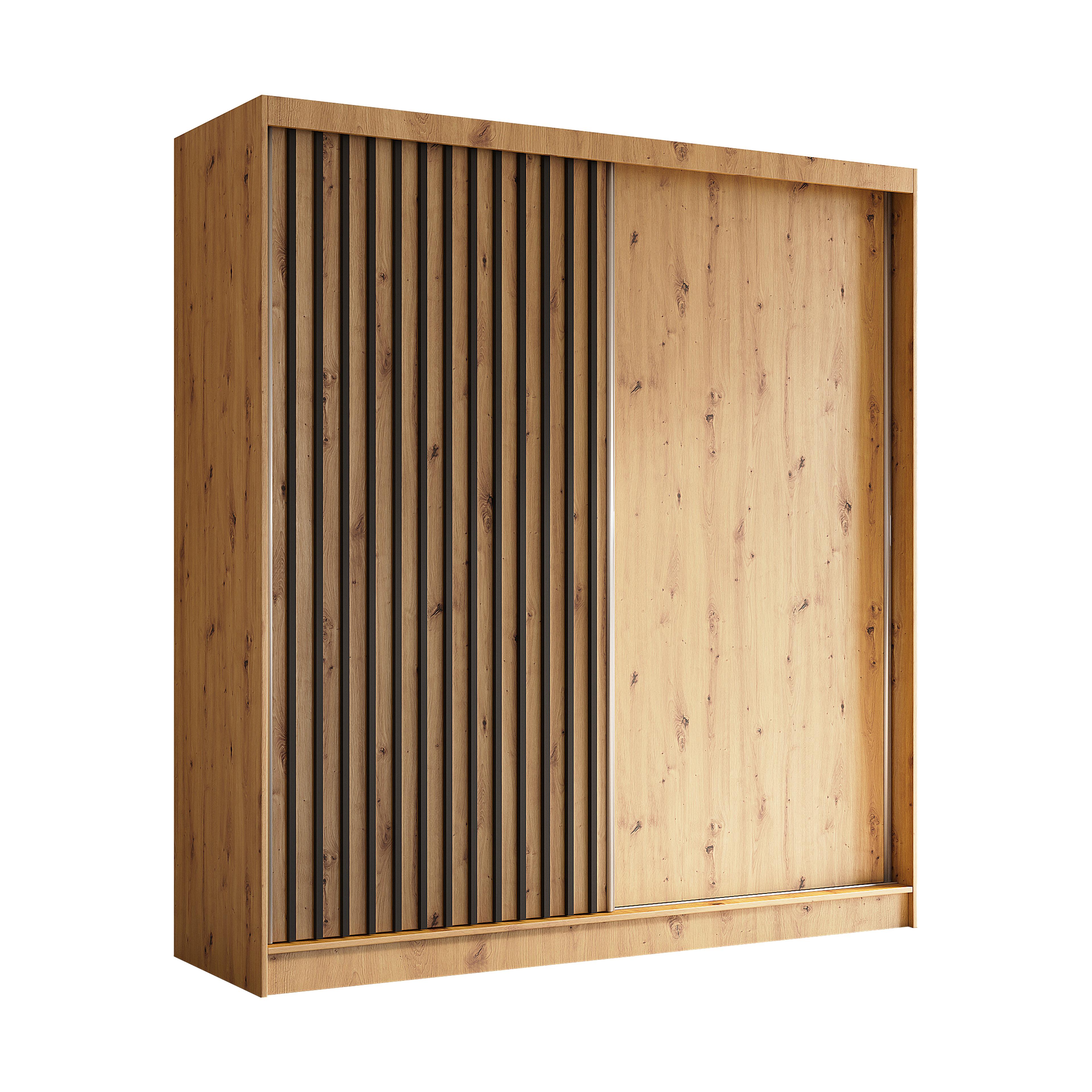 KLEIDERSCHRANK mit furnierten Schiebetüren und Aluminium-Leisten, LED-Beleuchtung - LABELO - 200 cm Artisan+Artisan+Schwarz - Schwarz/Eiche Artisan, Holzwerkstoff (200/216/61cm) - ALTDECOR