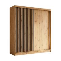 KLEIDERSCHRANK mit furnierten Schiebetüren und Aluminium-Leisten, LED-Beleuchtung - LABELO - 200 cm Artisan+Artisan+Schwarz - Schwarz/Eiche Artisan, Holzwerkstoff (200/216/61cm) - ALTDECOR