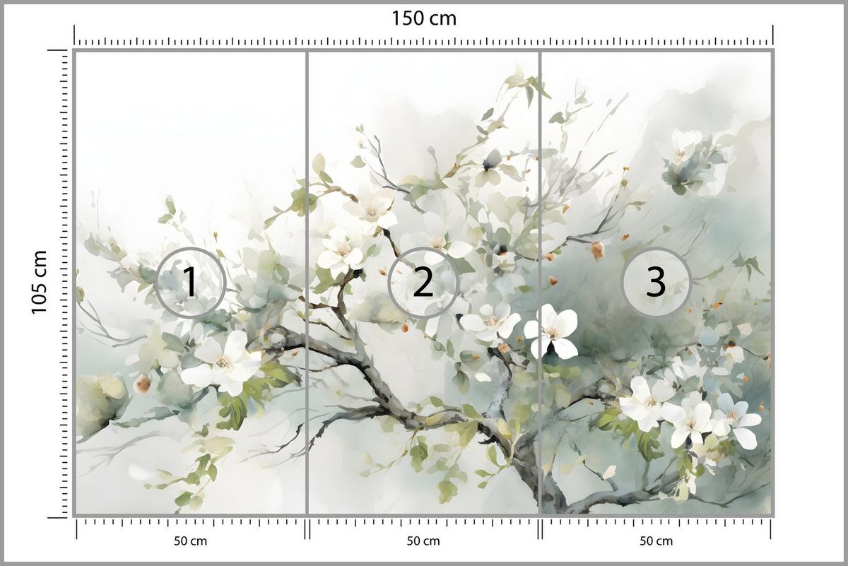 FOTOTAPETE für Wohnzimmer Aquarellbaum Blumen Natur 150x105 - Beige/Weiß, Papier (150/105cm) - Muralo
