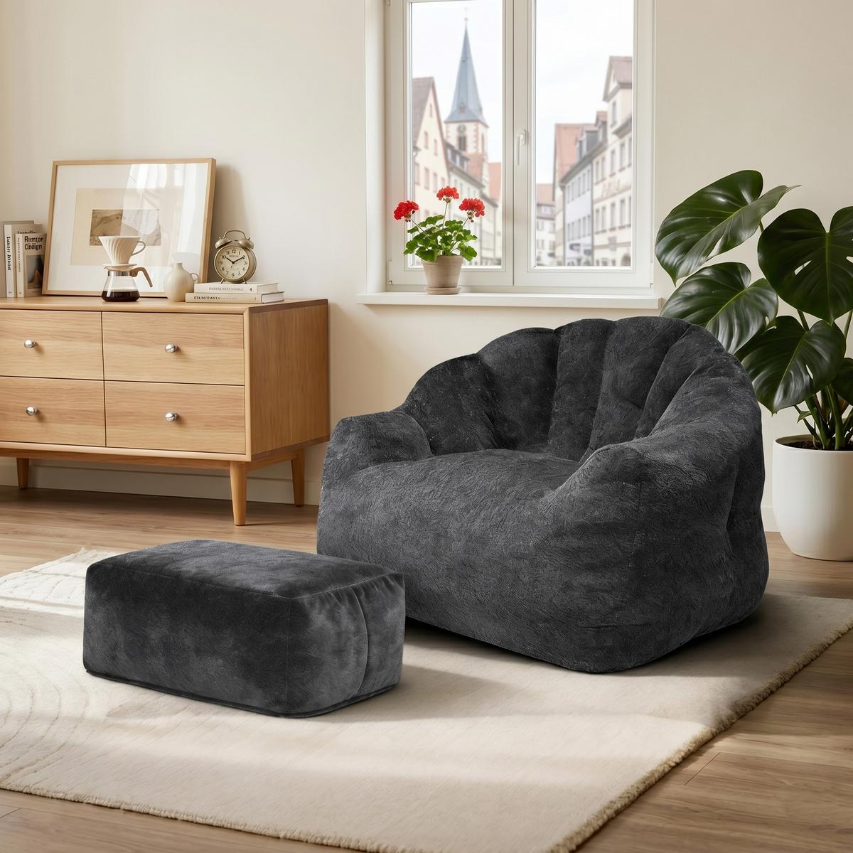 SESSEL mit Hocker aus weichem Chenille mit Blüten-Rückenlehne und Ottomane - Schwarz, Textil (99/65/86cm) - Urban Meuble