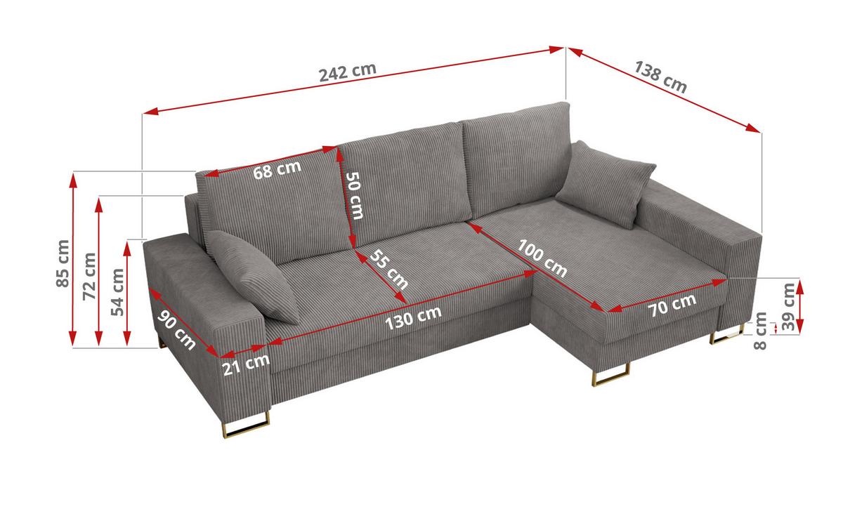 ECKSOFA Dorian Cord Hellgrau - Goldfarben/Hellgrau, Textil/Metall (242/138cm) - MKS
