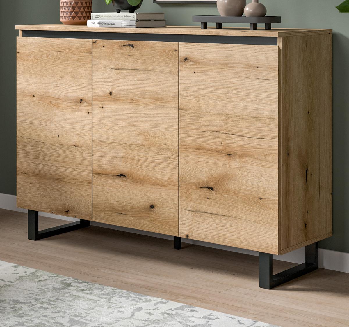SIDEBOARD Eiche Evoke mit Schwarz, Kommode 3-türig 120 x 84 cm, Soft-Close - Eichefarben/Schwarz, Holzwerkstoff/Metall (120/84/36cm) - Inn.Furn