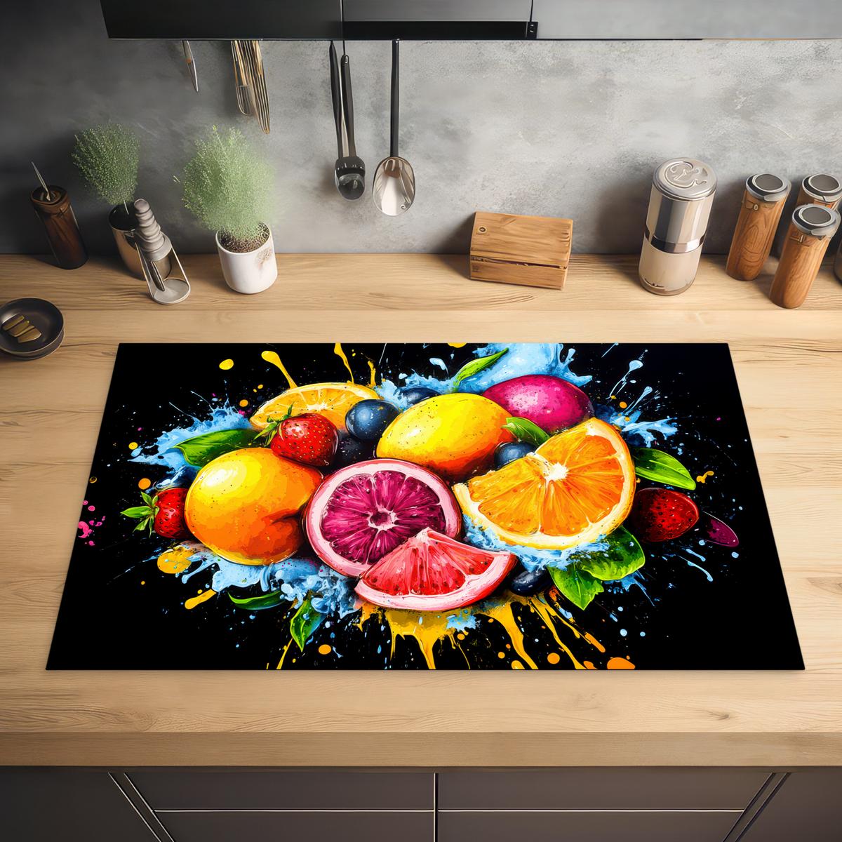 HERDABDECKPLATTE Obst - Graffiti - Bunt - Orange - Erdbeere - Abstrakt Ceranfeldabdeckung 85x52 cm - Orange, Kunststoff (85/52/0.2cm) - MuchoWow