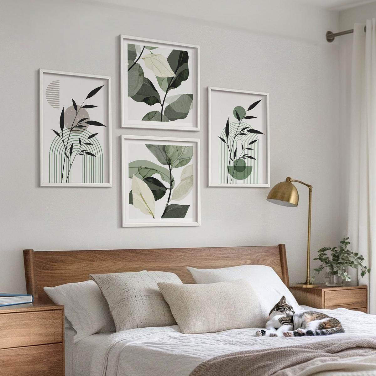 BILDER SET 4er Set - 50x50 cm & 40x60 cm Weißer Rahmen - Boho-Pflanzenkompositionen - Weiß, Kunststoff (50/50cm) - TULUP