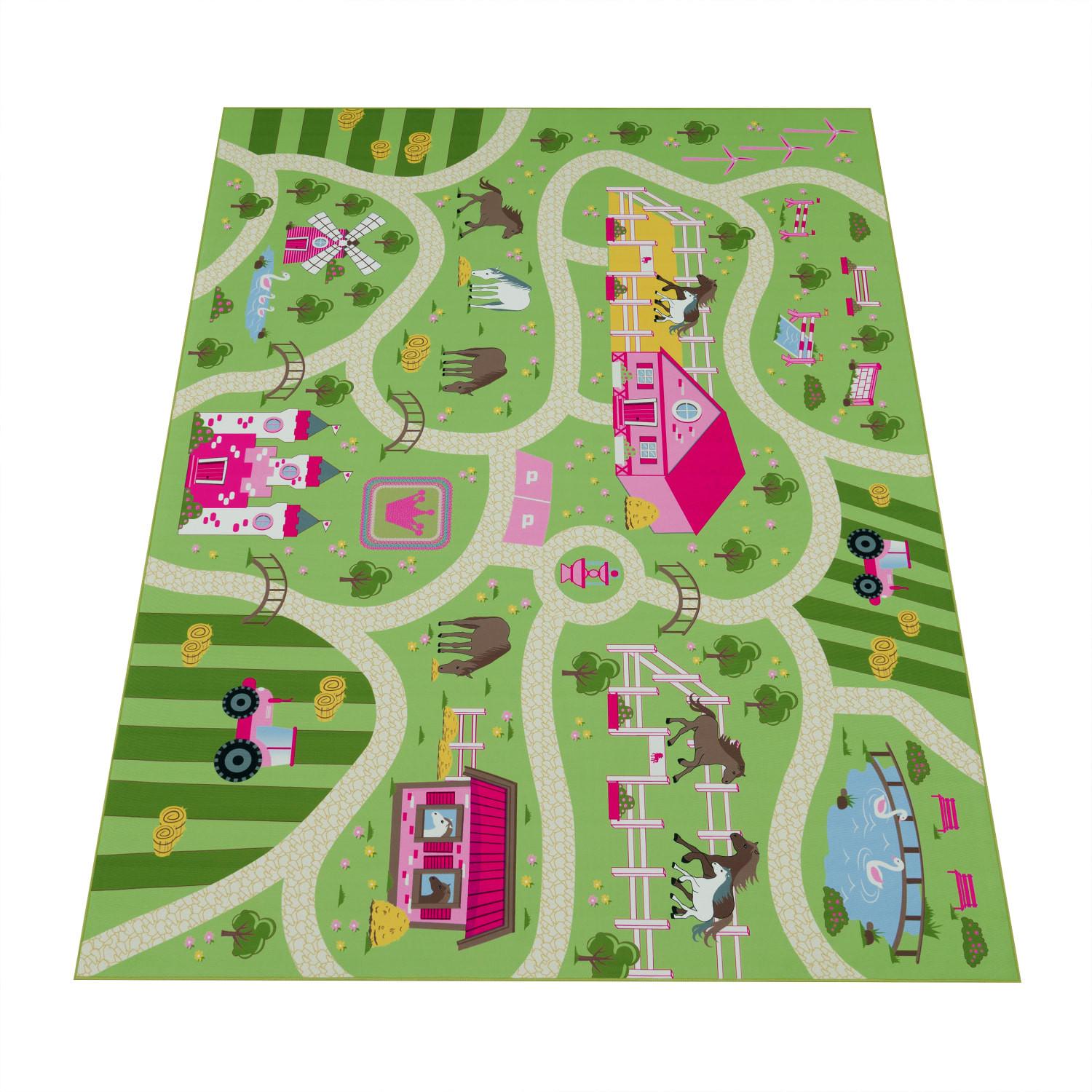 KINDERTEPPICH Waschbar, mit Bauernhof‑Straßen-Motiv, Grün, 140 x 200 cm - Grün, Textil (200/140cm) - KADIMA DESIGN