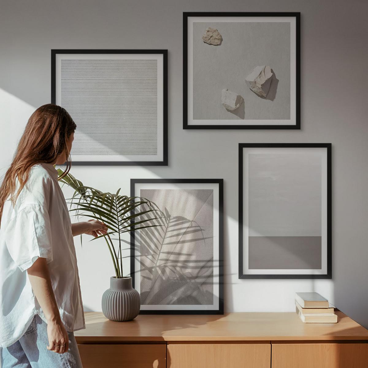 BILDER SET 4er Set - 50x50 cm & 40x60 cm Schwarzer Rahmen - Zarte Boho-Texturen der Natur - Schwarz, Kunststoff (50/50cm) - TULUP