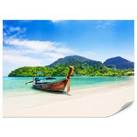 FOTOTAPETE für Schlafzimmer Boot Tropenstrand Palmen Meer 350x256 - Türkis/Blau, Papier (350/256cm) - Muralo