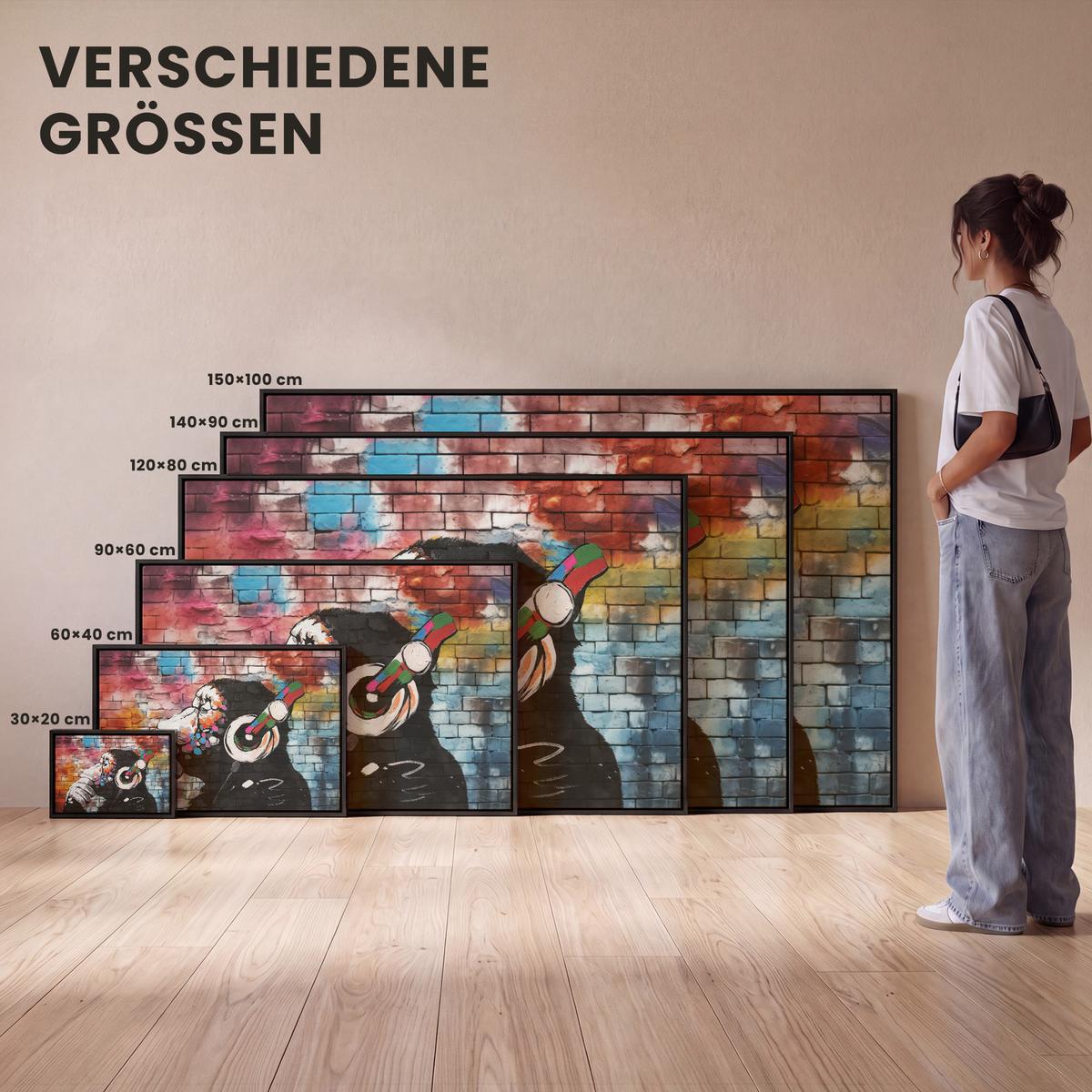 LEINWAND Bilder mit Rahmen - Affe - Graffiti - Musik - 150x100 - Multicolor, Textil (150/100cm) - MuchoWow
