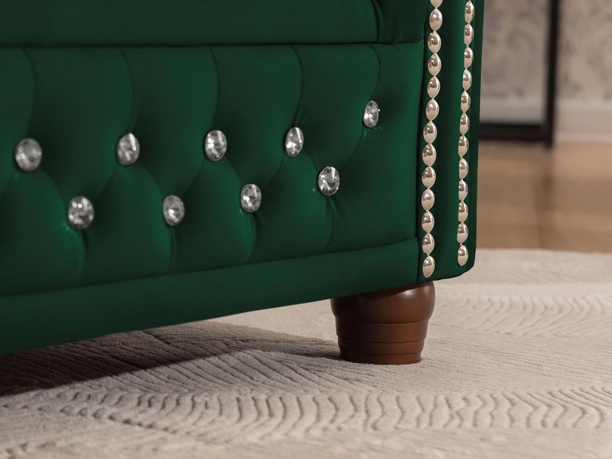ECKSOFA Chesterfield Cleo Blink Flasche Grün Samt mit Kristallsteppung und braunen Massivholzfüßen - Ottomane Links - Braun/Grün, Holz/Textil (264/210cm) - S-Style Möbel