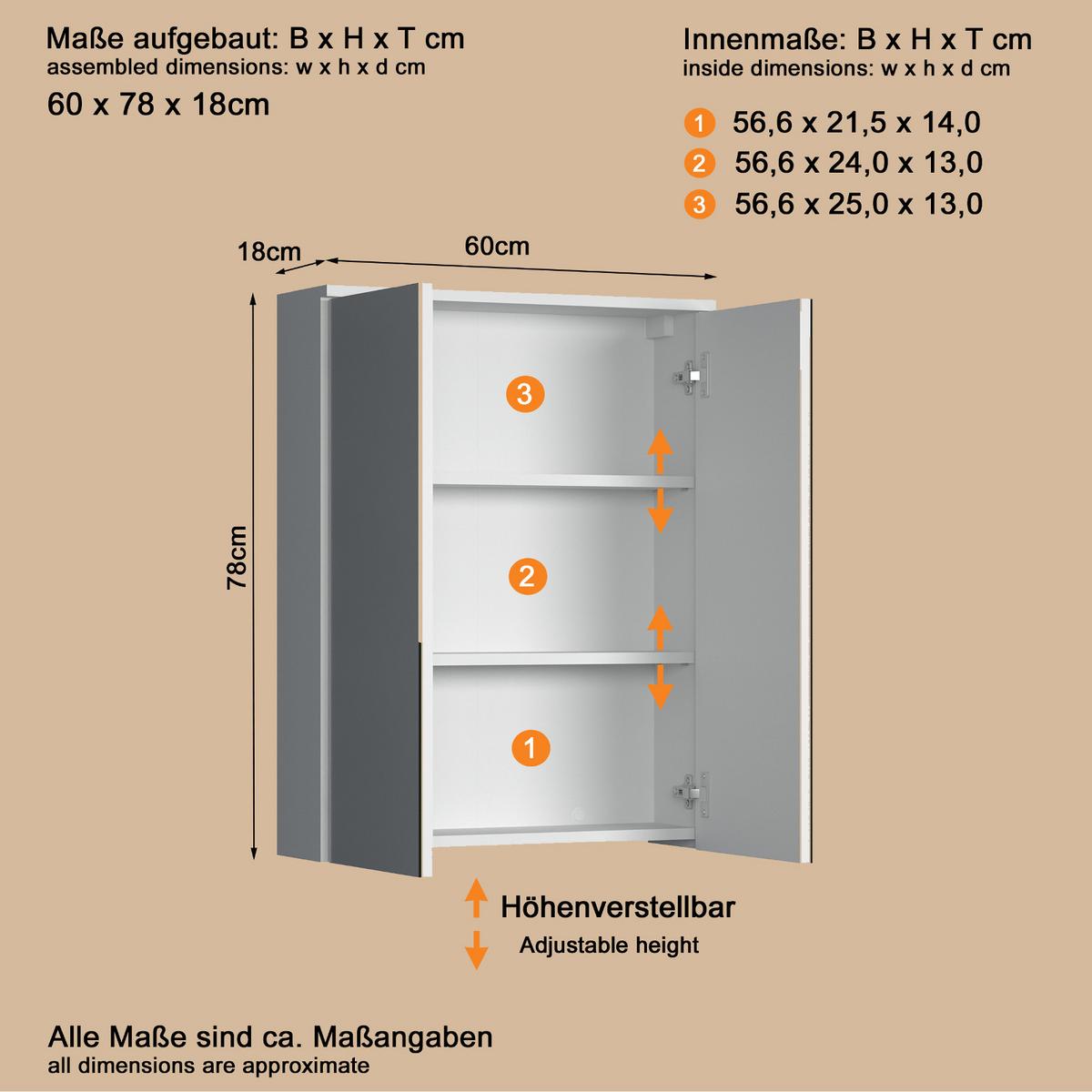 SPIEGELSCHRANK weiß 60 x 78 cm, Badschrank 2-türig - Silberfarben, Glas/Holzwerkstoff (60/78/18cm) - Top.Furn