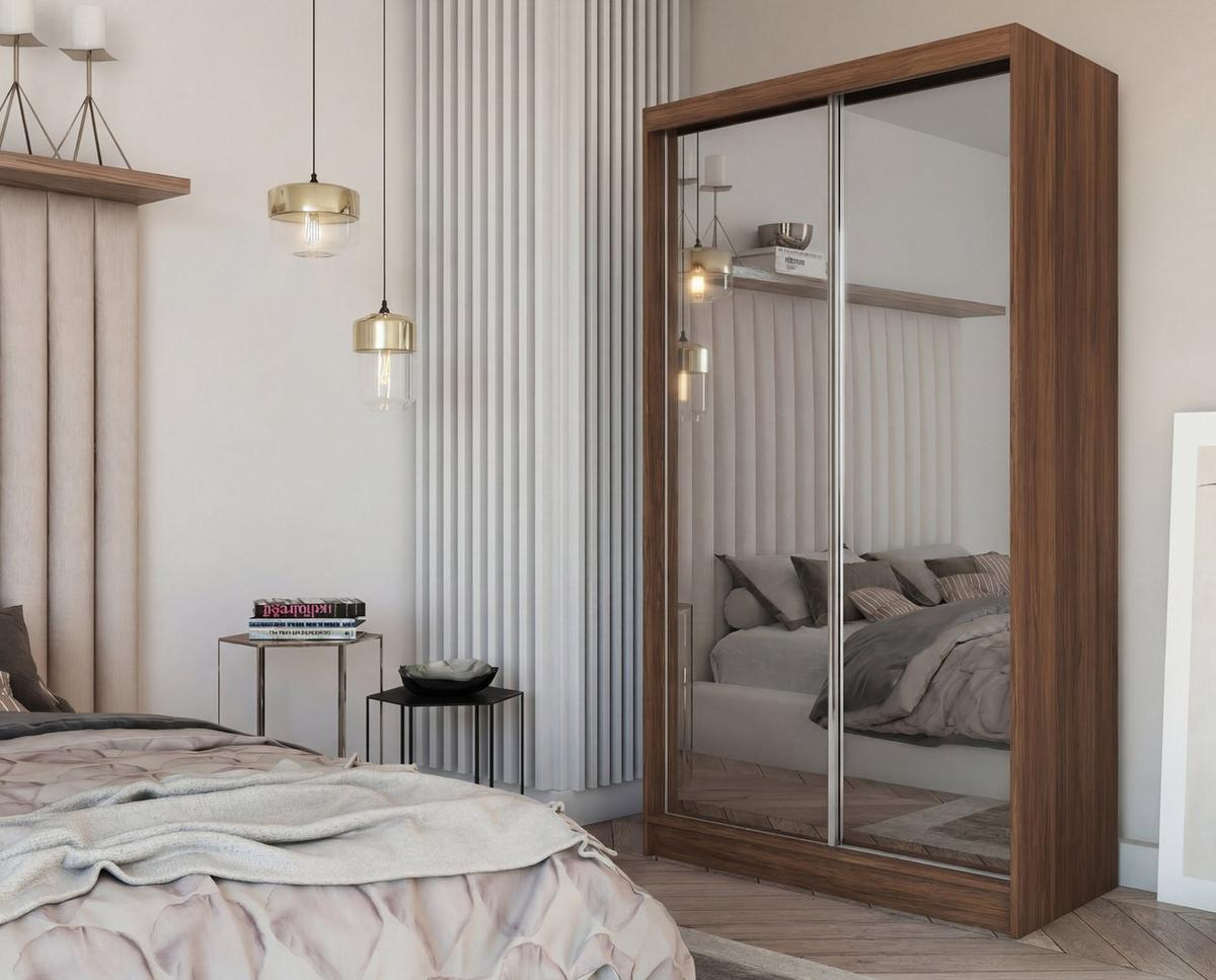 SCHWEBETÜRENSCHRANK BELLINA 120/216/61 cm Modern Kleiderschrank 2-türig mit Spiegel Nussbaumfarben - Nussbaumfarben, Holzwerkstoff (120/216/61cm) - MASSENO