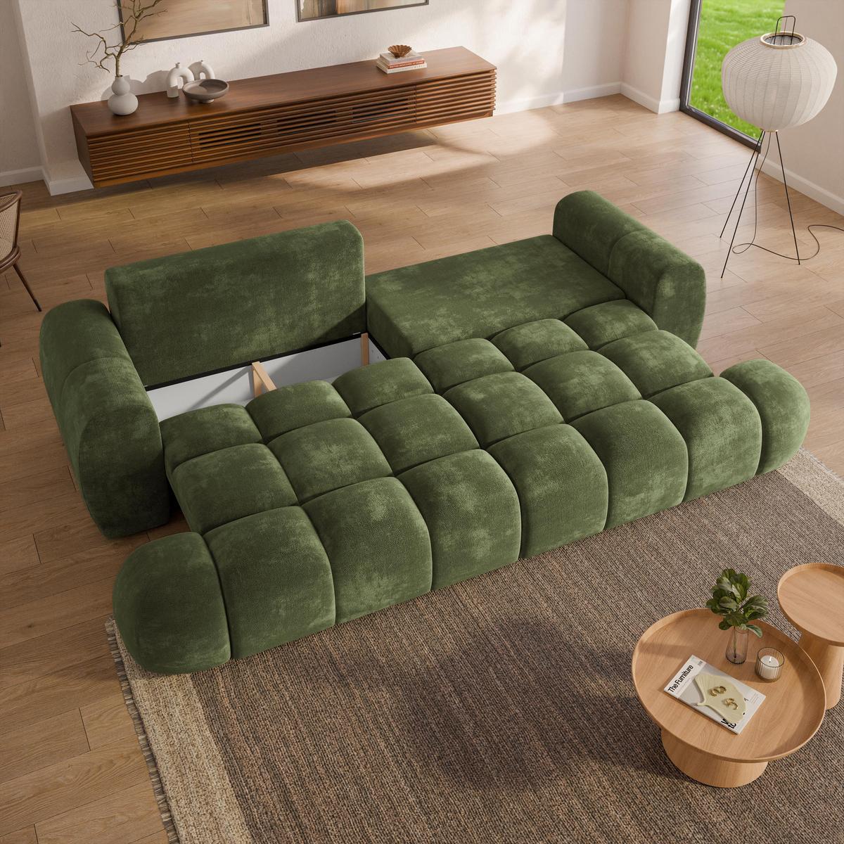 BETTSOFA DAFNE Grün Chenille-Stoff mit Schlaffunktion - Grün, Textil (300/88/113cm) - MASSENO