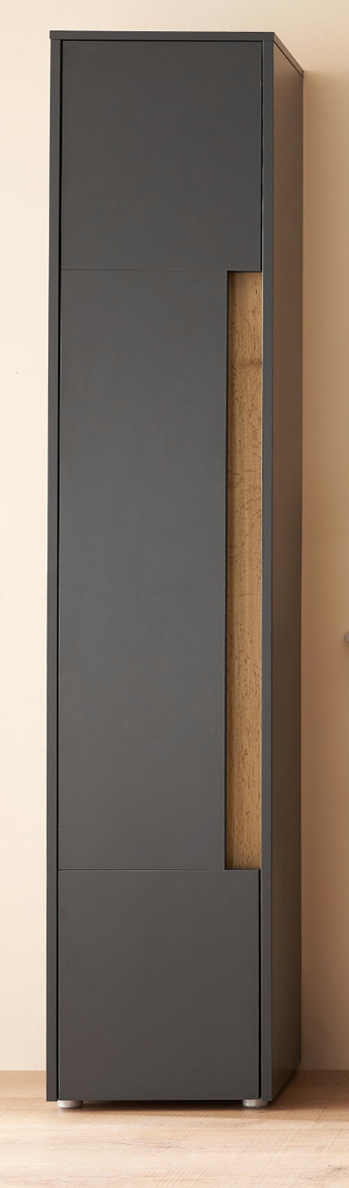BAD-HOCHSCHRANK grau matt, Wotan Eiche, Badschrank 34 x 200 cm - Eiche Wotan/Schwarz, Holzwerkstoff/Kunststoff (34/199/34cm) - Furn.Design