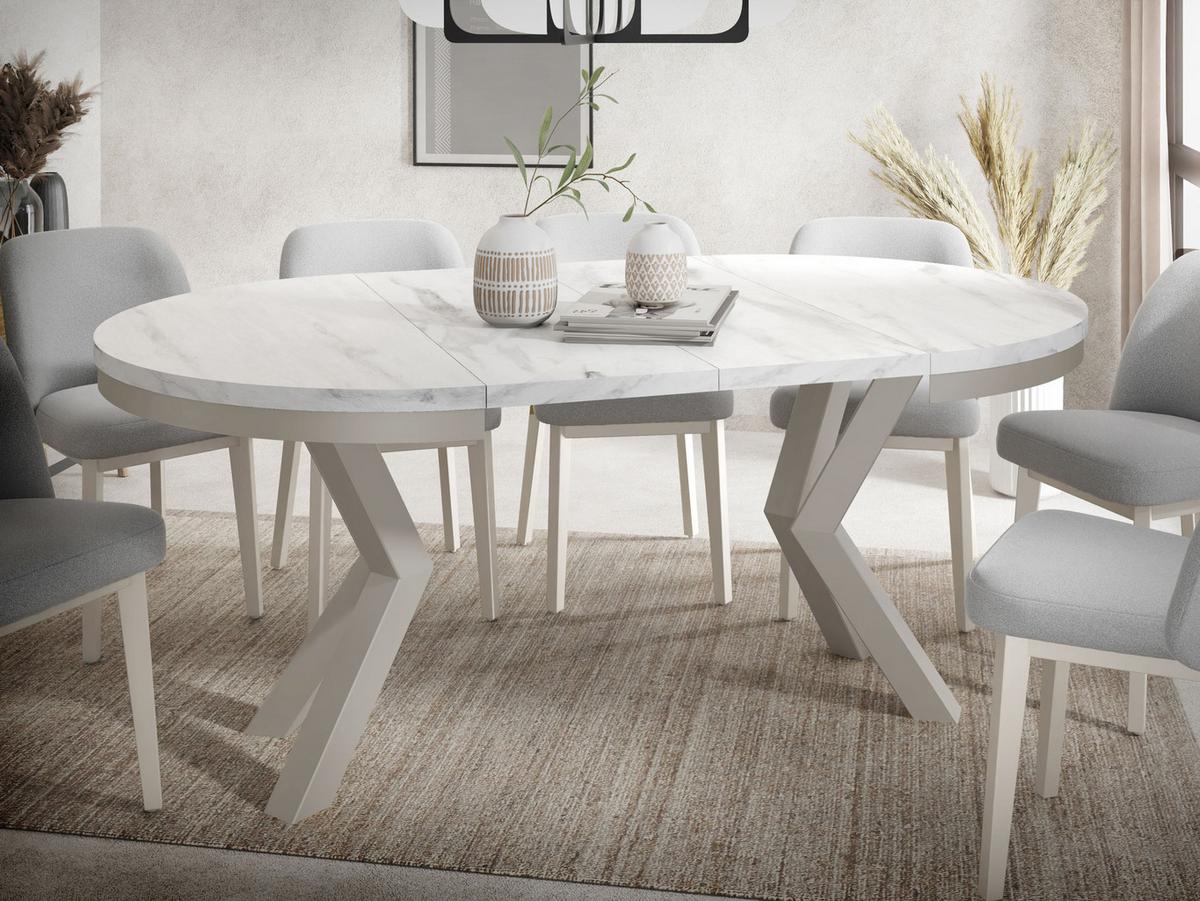 ESSTISCH Clara Grau-Beige runder ausziehbarer, Marmor Weiß 120-200/120/76 cm - Ecru/Greige, Holzwerkstoff/Metall (120/196/76cm) - WFL GROUP