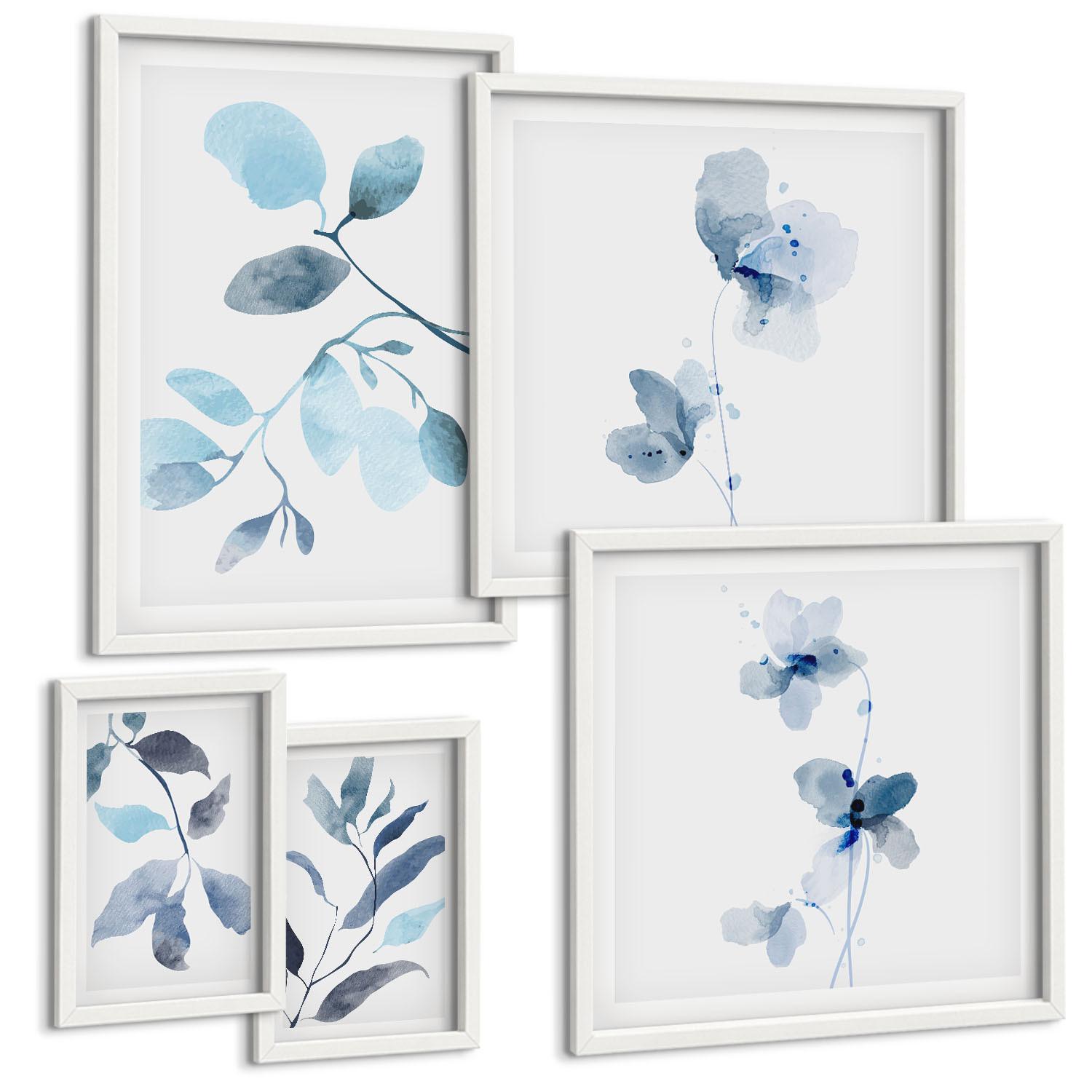 BILDER SET 5er Set - 50x50 cm & 20x30 cm & 40x60 cm Weißer Rahmen - Aquarell von blauen Blättern - Weiß, Kunststoff (40/60cm) - TULUP