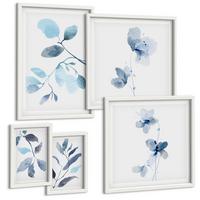BILDER SET 5er Set - 50x50 cm & 20x30 cm & 40x60 cm Weißer Rahmen - Aquarell von blauen Blättern - Weiß, Kunststoff (40/60cm) - TULUP
