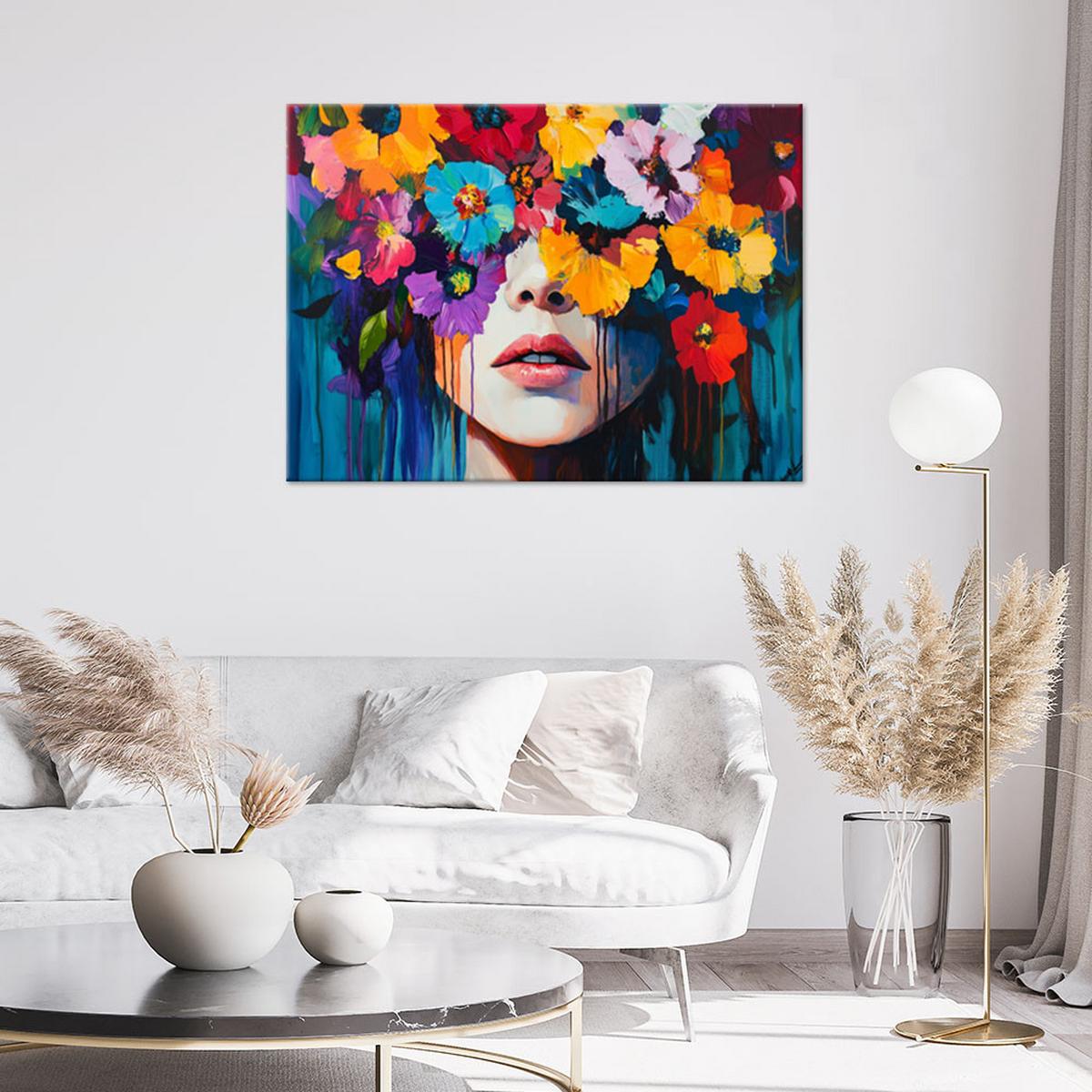 LEINWANDBILD Frau mit Blumen auf dem Kopf 120x80cm - Multicolor, Textil (120/80cm) - Feeby