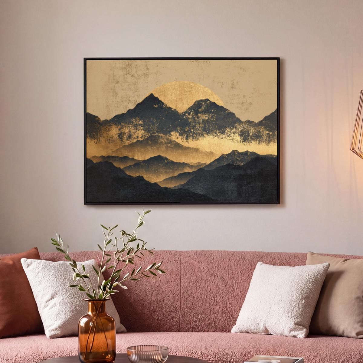 LEINWAND Bilder mit Rahmen - Goldene Berge bei Mondschein - 80x60 - Goldfarben, Textil (80/60cm) - MuchoWow
