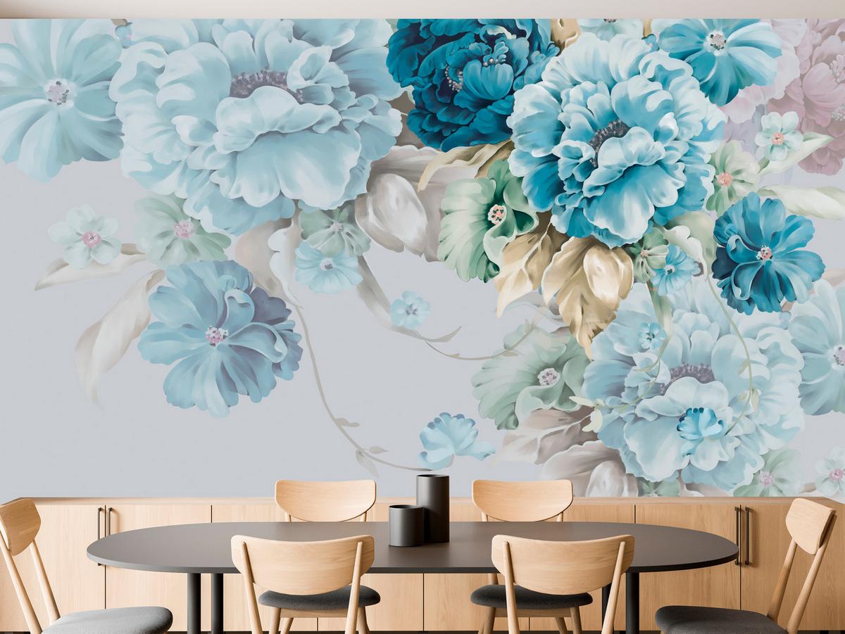 FOTOTAPETE für Schlafzimmer Blaue Pfingstrosen Zart Blumen Boho 100x70 - Blau/Gelb, Papier (100/70cm) - Muralo