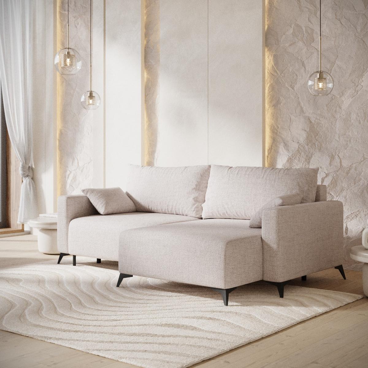 ECKSOFA NUVIO mit Schlaffunktion Hellbeige im Neve Stoff - Sandfarben/Schwarz, Holz/Holzwerkstoff (239/148cm) - AltaBeds