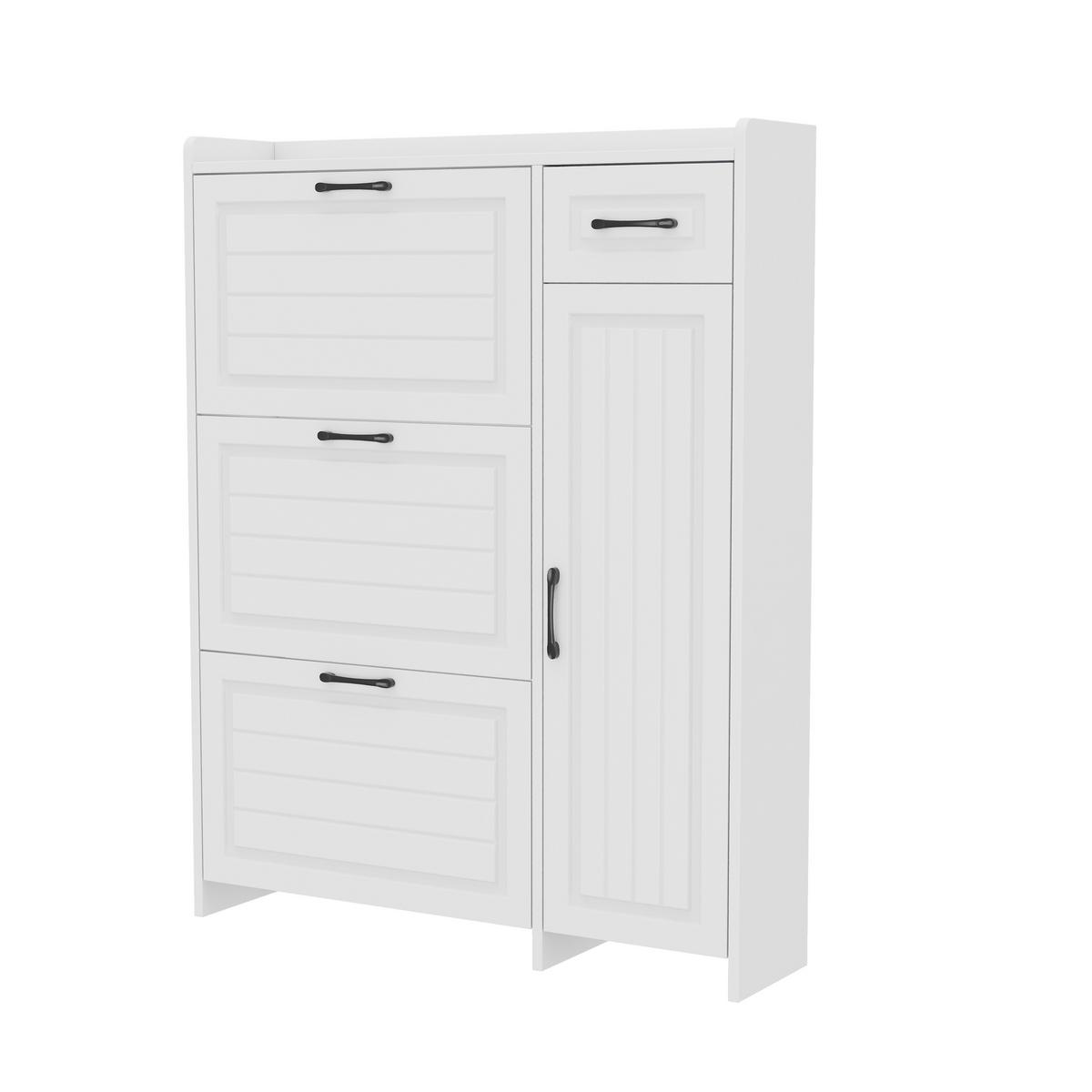 SCHUHSCHRANK Modern 3 Klappfächer 1 Tür Schublade Höhenverstellbar - Weiß, Holzwerkstoff (92/121/24cm) - Urban Meuble