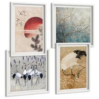 BILDER SET 4er Set - 50x50 cm & 40x60 cm Weißer Rahmen - Japanische Kraniche Landschaft - Weiß, Kunststoff (50/50cm) - TULUP