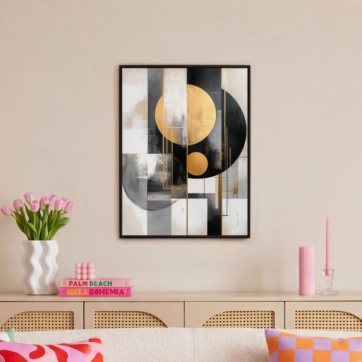LEINWAND Bilder mit Rahmen - Abstrakt - Gold - Silber - Formen - Ästhetisch - Modern - 60x80 - Goldfarben, Textil (60/80cm) - MuchoWow
