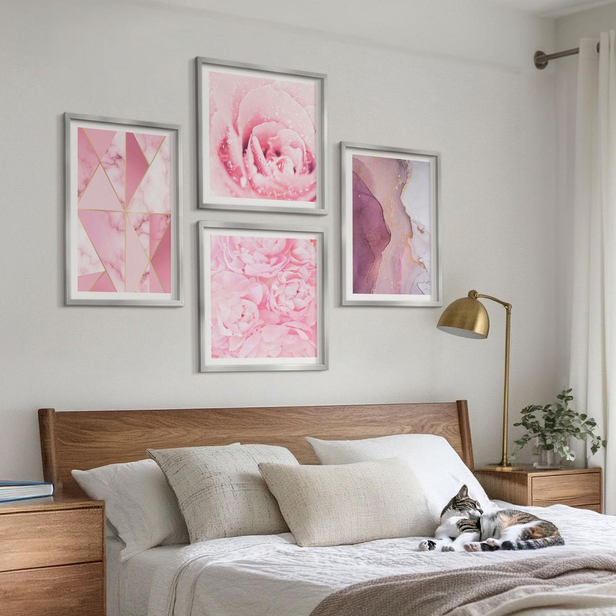 BILDER SET 4er Set - 50x50 cm & 40x60 cm Silberner Rahmen - Rosa geometrische Pfingstrosen - Silberfarben, Kunststoff (50/50cm) - TULUP