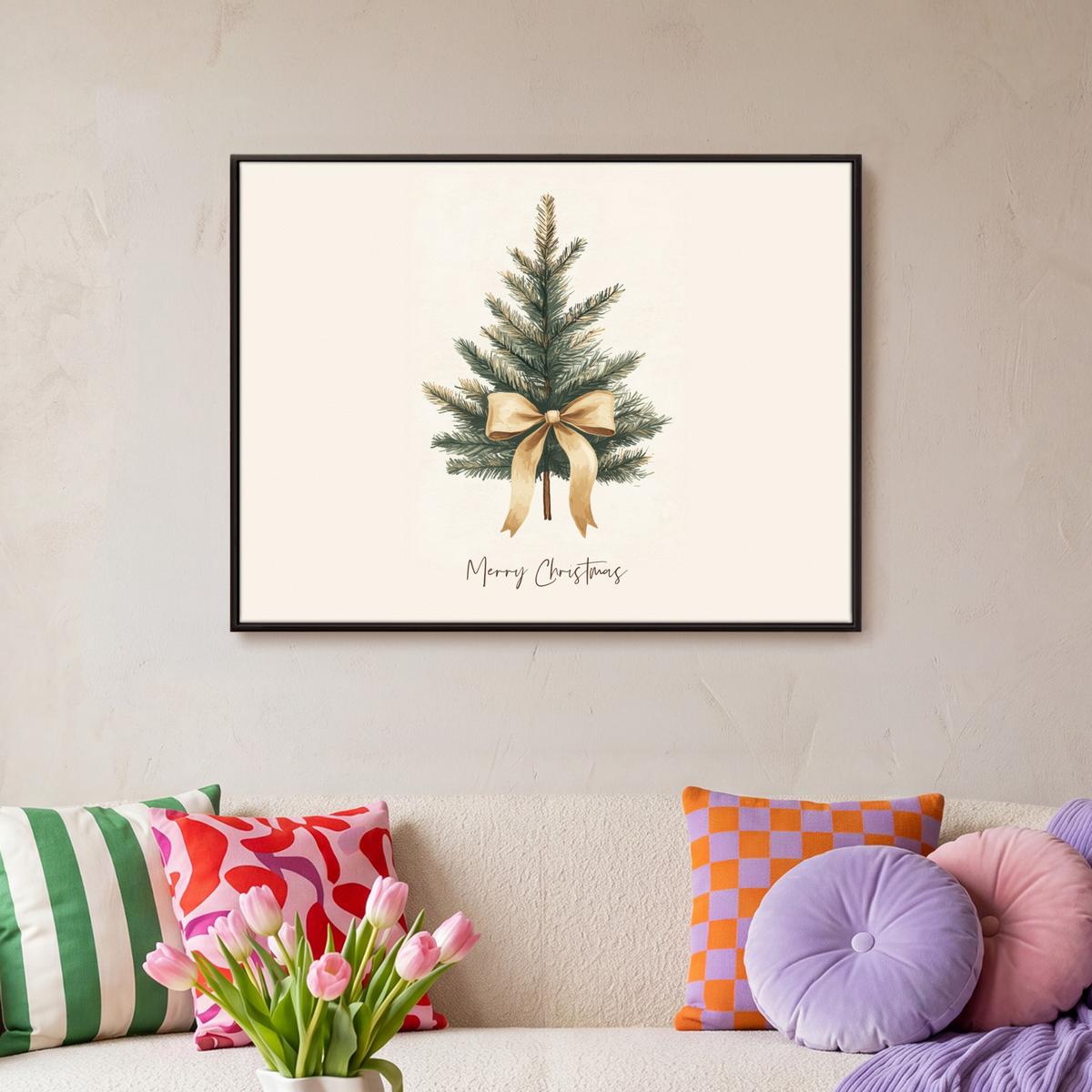 LEINWAND Bilder mit Rahmen - Weihnachtsbaum - Weihnachten - Frohe Weihnachten - Beige - 70x50 - Sandfarben, Textil (70/50cm) - MuchoWow