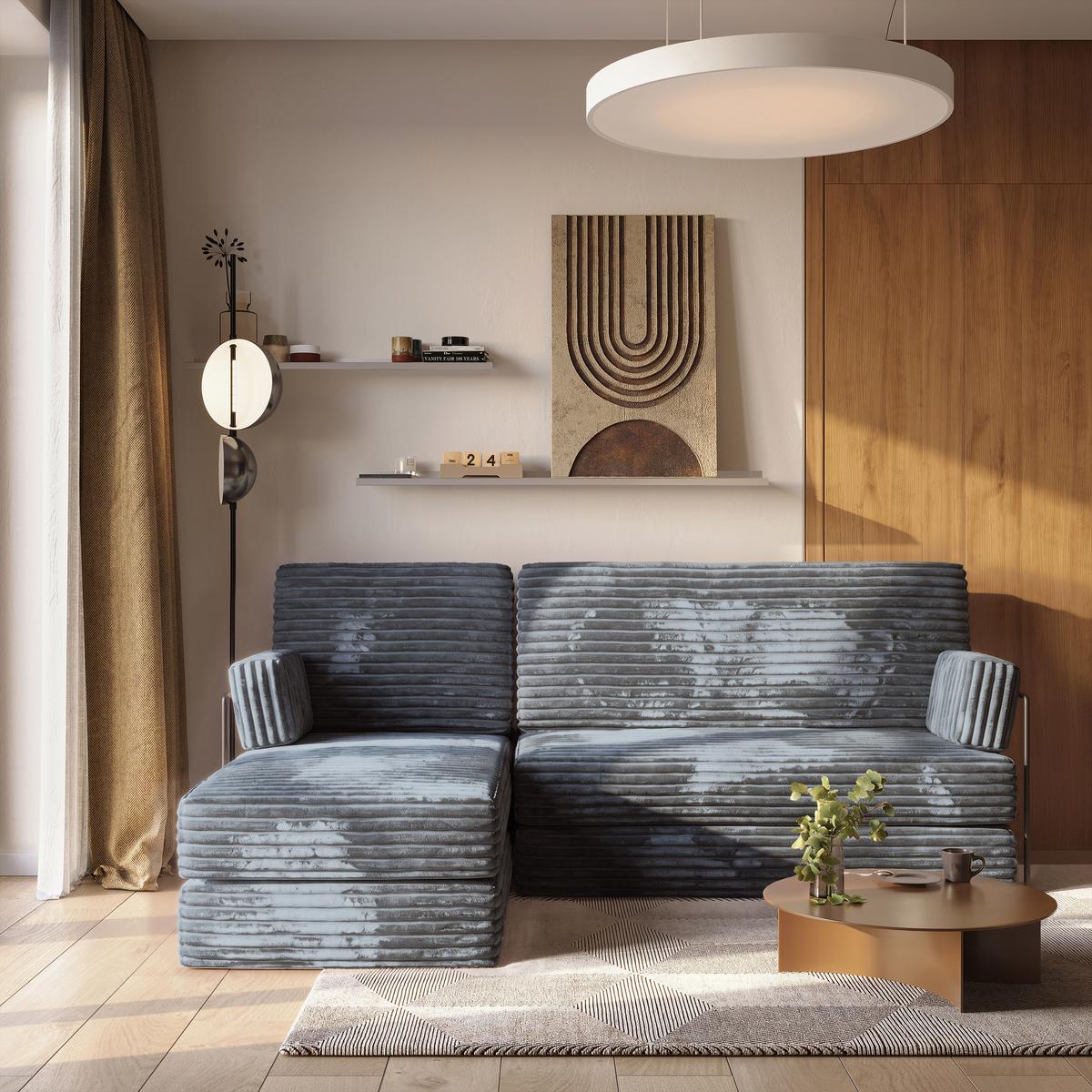 ECKSOFA NOTIA modulares Boneless Sofa mit Schlaffunktion Grau Kordstoff - Blaugrau, Textil (200/120cm) - MASSENO