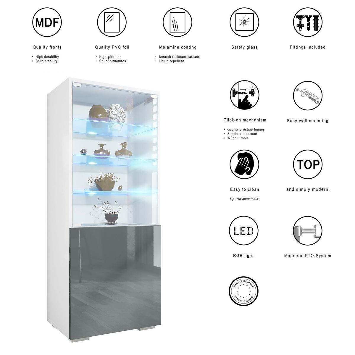 VITRINE Granada Eiche Nordic - Silbereichenfarben, Holzwerkstoff (50/122.5/34.5cm) - Vladon