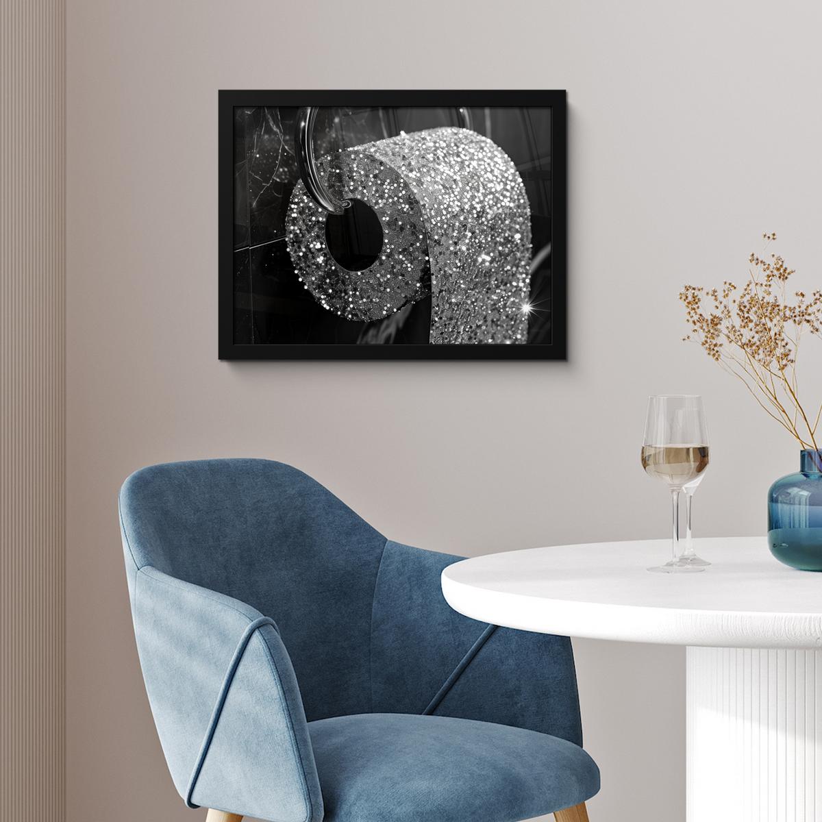 POSTER MIT RAHMENGERAHMTES BILD WC - Toilettenpapier - Schwarz und weiß - Glitter 40x30 cm - Silberfarben, Papier (40/30cm) - MuchoWow