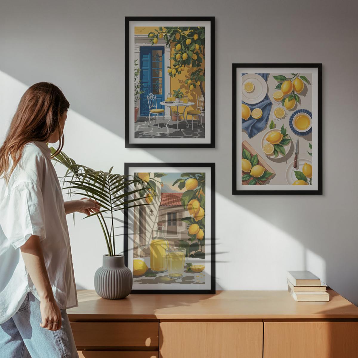 BILDER SET 3er Set - 40x60 cm Schwarzer Rahmen - Zitronengarten mit Getränken - Schwarz, Kunststoff (40/60cm) - TULUP