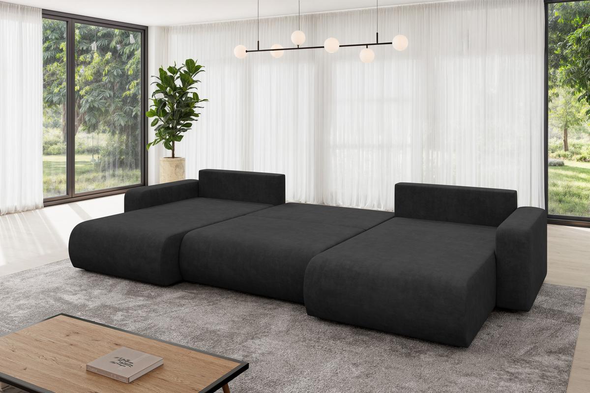 WOHNLANDSCHAFT mit Schlaffunktion und Bettkasten BERY-U 377x193x88 Schwarz Velours - Schwarz, Holzwerkstoff/Kunststoff (377/88/193cm) - ALTDECOR