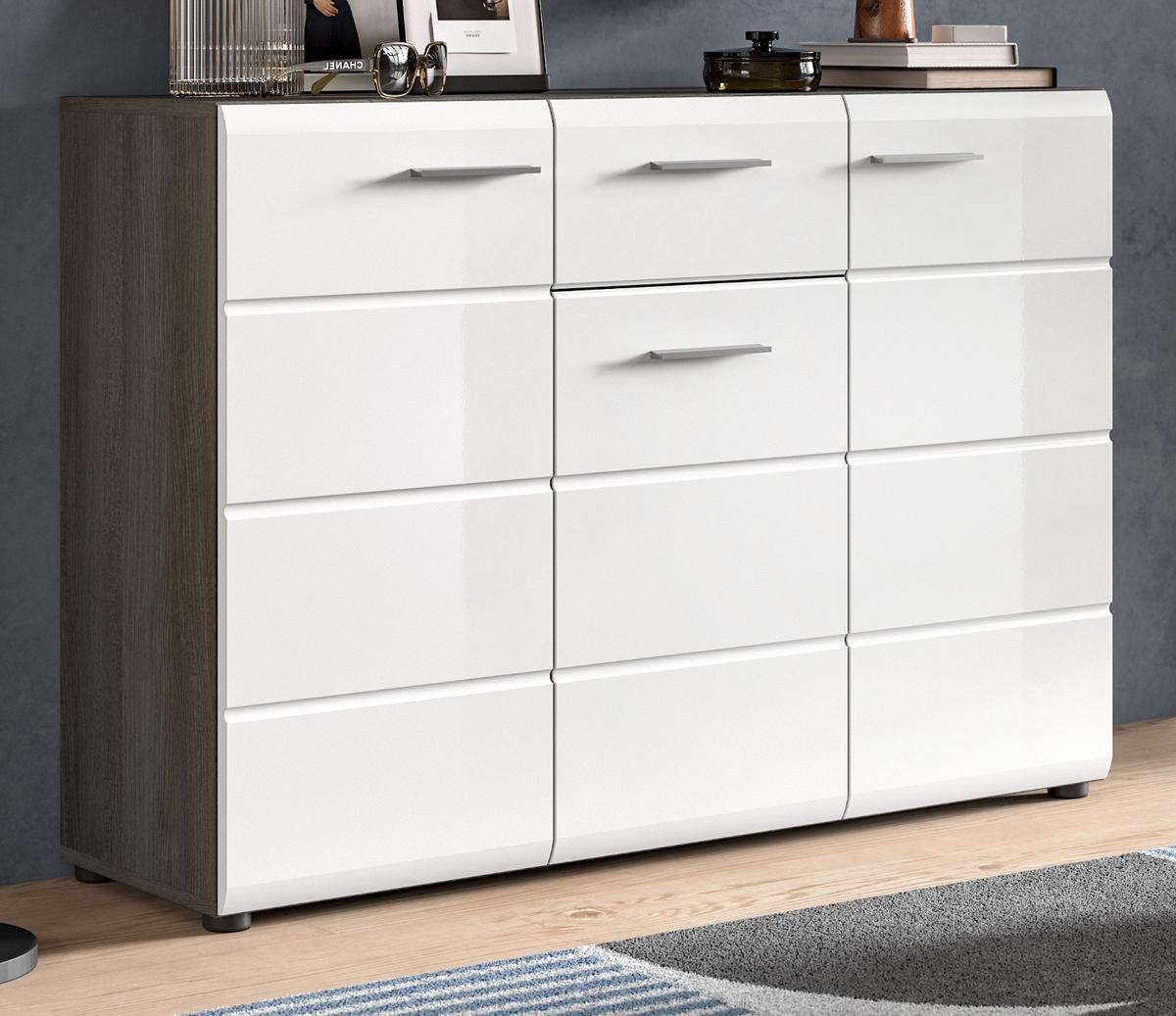 SIDEBOARD weiß Hochglanz, grau 120 cm, Kommode viel Stauraum - Weiß Hochglanz/Silberfarben, Holzwerkstoff/Kunststoff (120/85/37cm) - Inn.Furn