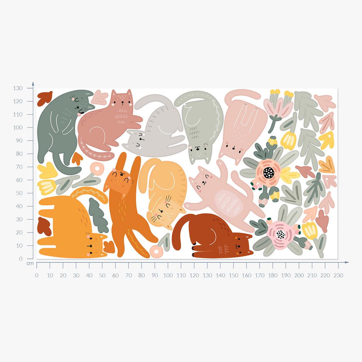 WANDAUFKLEBER 130x229cm - Katzen und Blumen - Multicolor, Kunststoff (130/229/0.1cm) - Wallfluent