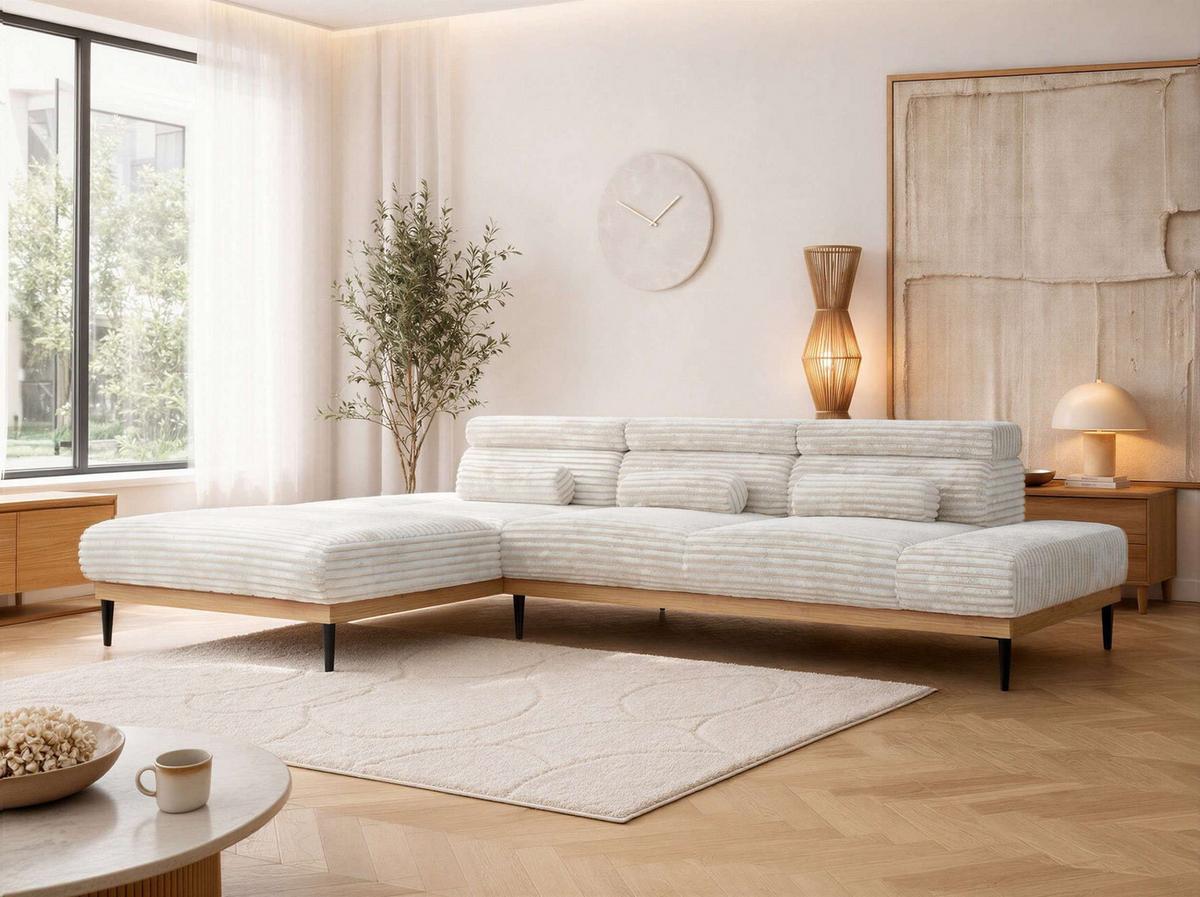 ECKSOFA PAVERO L - Beige Cord - Links Seite - Beige/Schwarz, Textil/Metall (205/316cm) - MKS