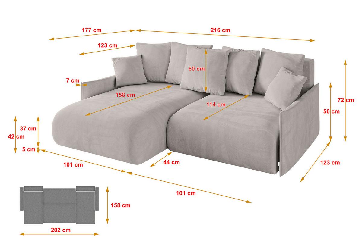ECKSOFA Ottomane links ONESK-L-v1 216x177x72 Hellbraun Velours - Hellbraun, Holzwerkstoff/Kunststoff (216/177cm) - ALTDECOR