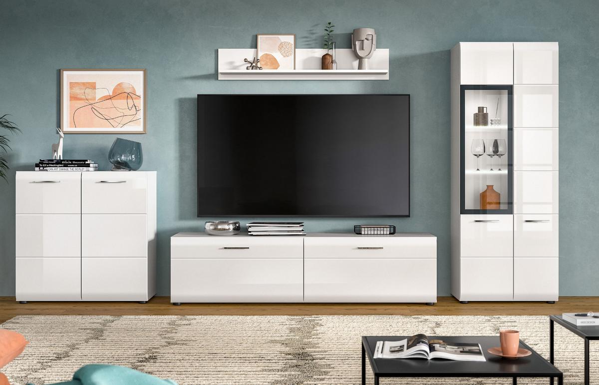 WOHNWAND weiß Hochglanz 4-teilig 330 cm, Schrankwand mit viel Stauraum - Weiß Hochglanz/Silberfarben, Glas/Holzwerkstoff (330/160/41cm) - Inn.Furn