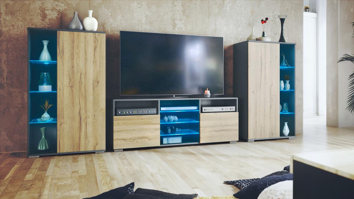WOHNWAND Davos Eiche Natur - Eichefarben, Holzwerkstoff (329/134/35cm) - Vladon